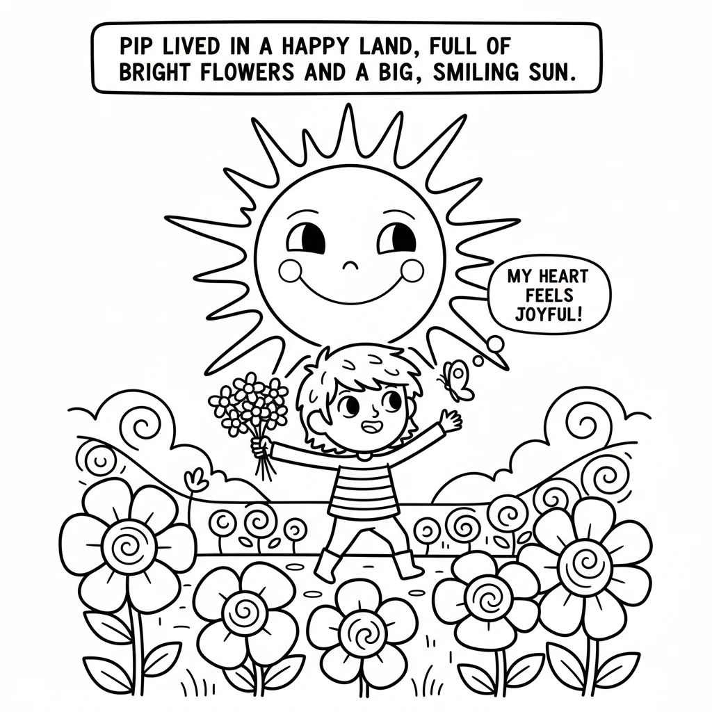 Pip lived in a happy land, full of bright flowers and a big, smiling sun. Everything was bursting with wonderful colors, making Pip's heart feel joyfu