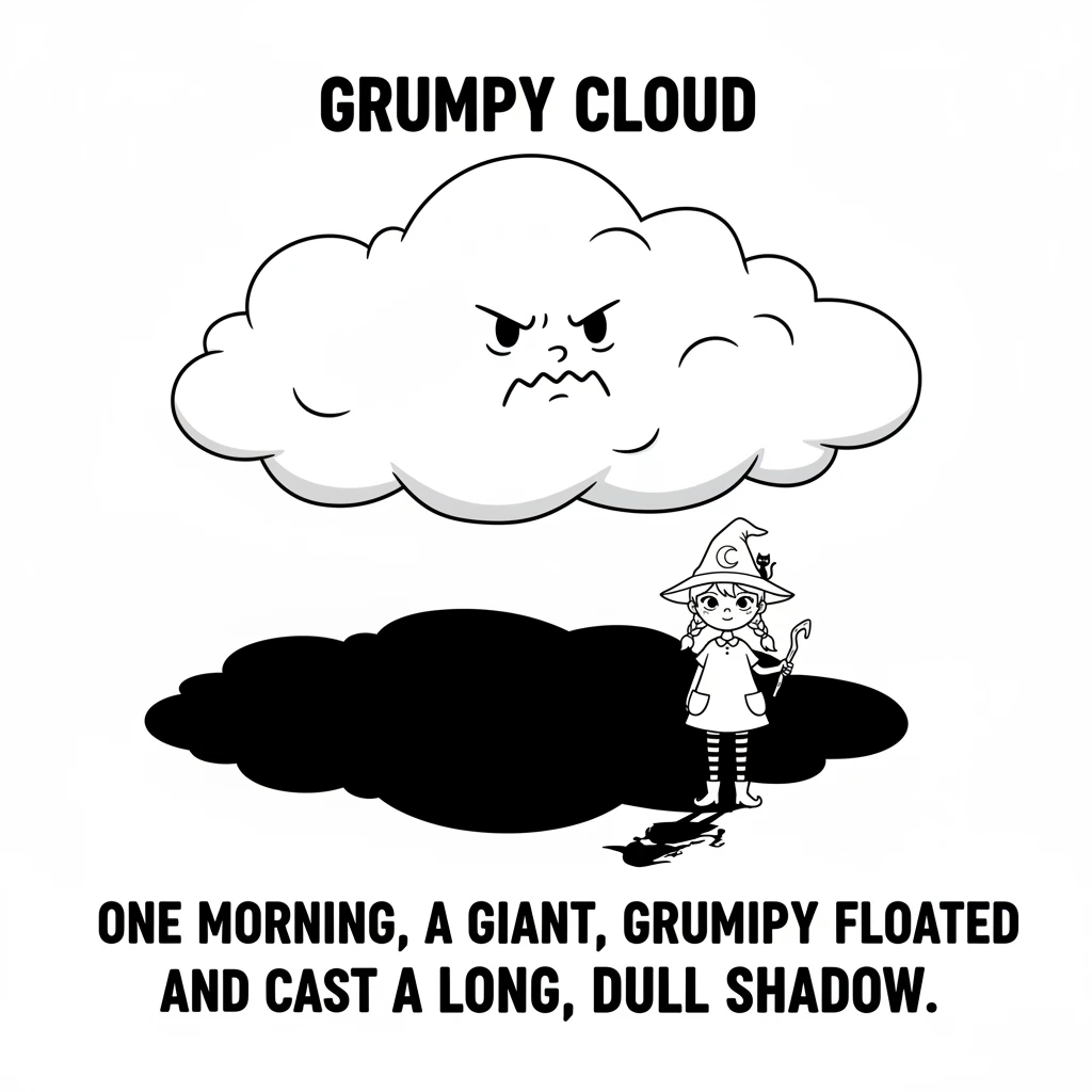 One morning, a giant, lumpy grey cloud floated into the sky. It looked very grumpy and cast a long, dull shadow over everything.