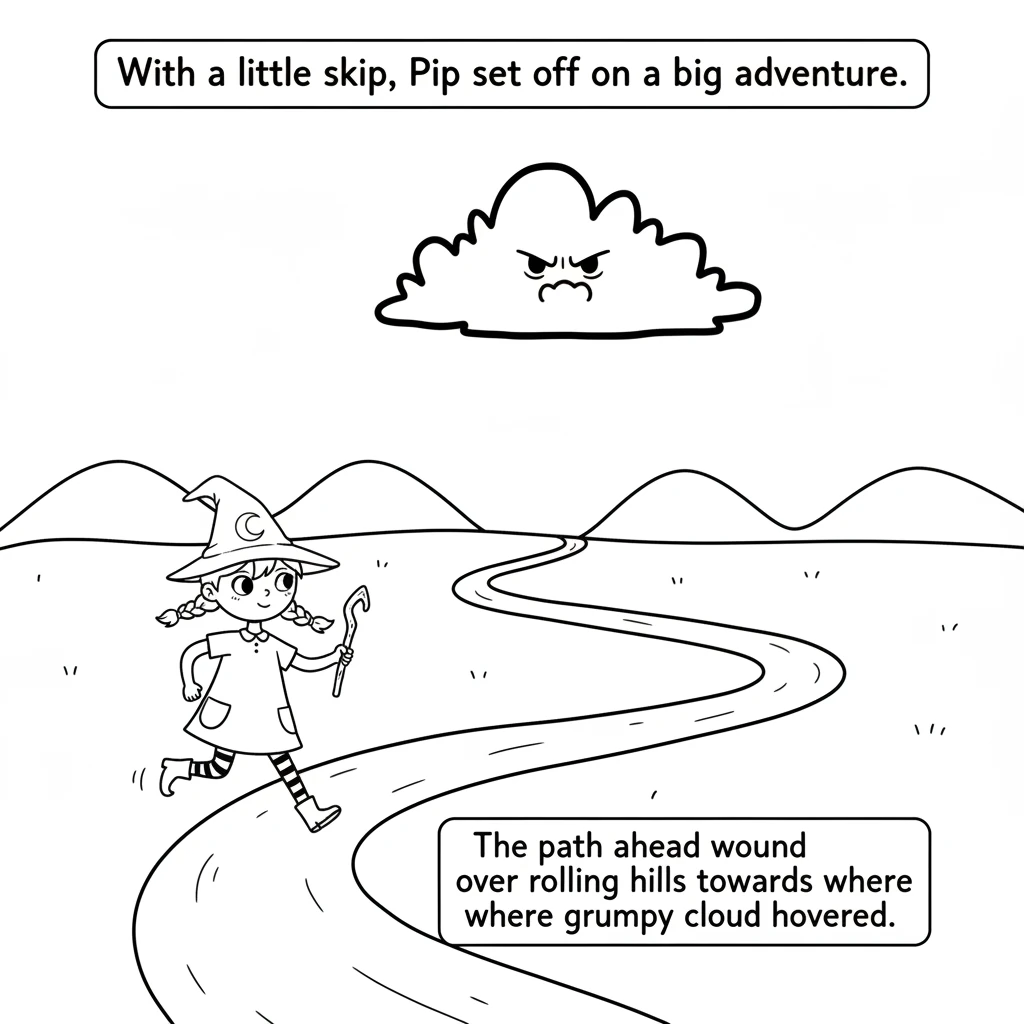 With a little skip, Pip set off on a big adventure. The path ahead wound over rolling hills towards where the grumpy cloud hovered.