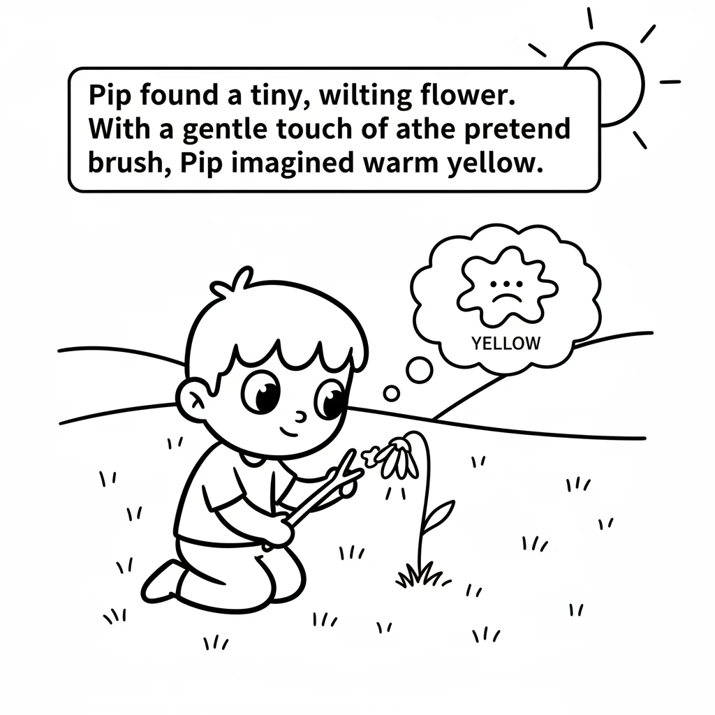 On the way, Pip found a tiny, wilting flower, completely drained of its cheer. Pip gently touched it with the pretend brush, imagining a splash of war