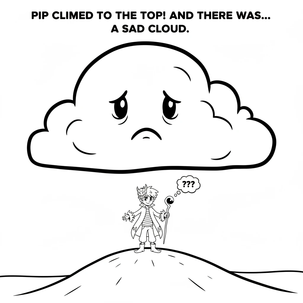 Pip bravely climbed to the very top of the tallest hill. There, right in front of Pip, was the huge, sad-looking grey cloud.