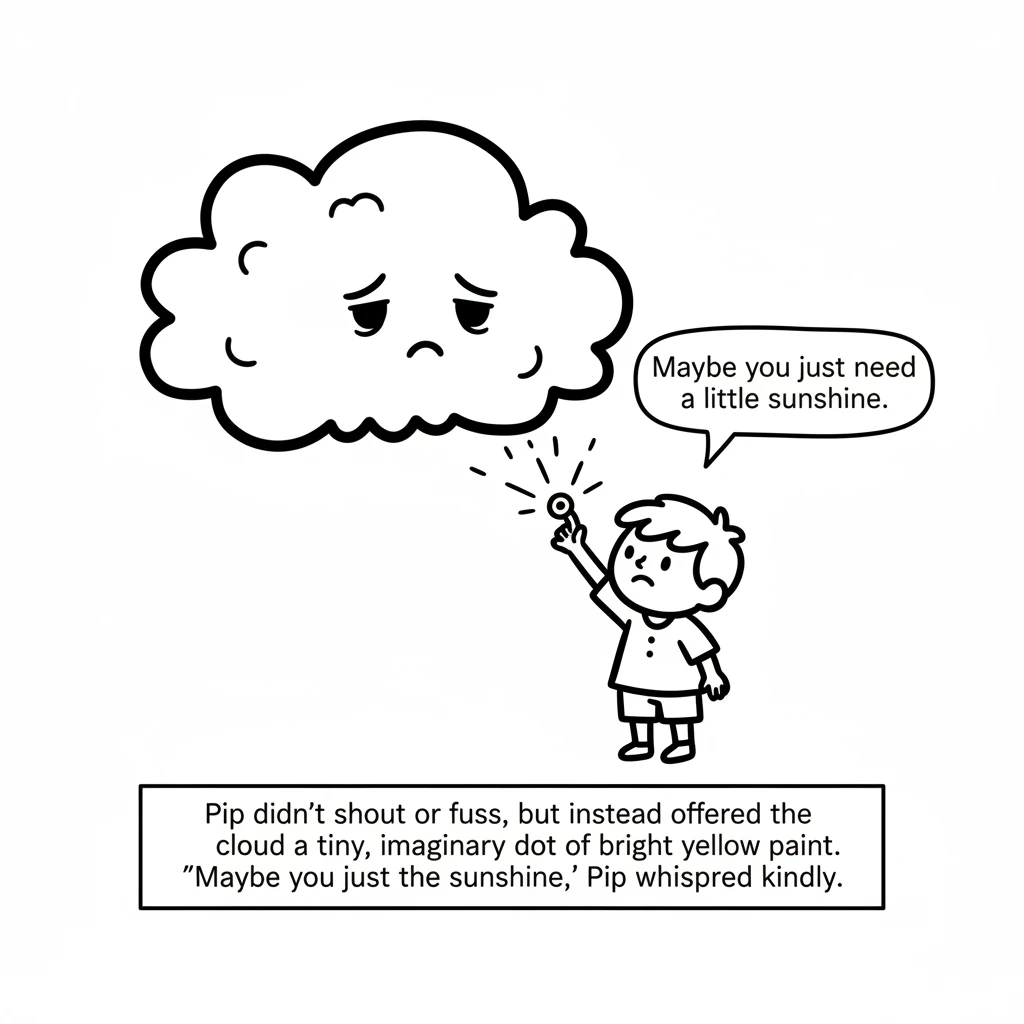Pip didn't shout or fuss, but instead offered the cloud a tiny, imaginary dot of bright yellow paint. 'Maybe you just need a little sunshine,' Pip whi