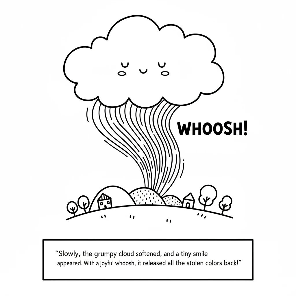 Slowly, the grumpy cloud softened, and a tiny smile appeared on its face. With a joyful whoosh, it released all the stolen colors back into the world,