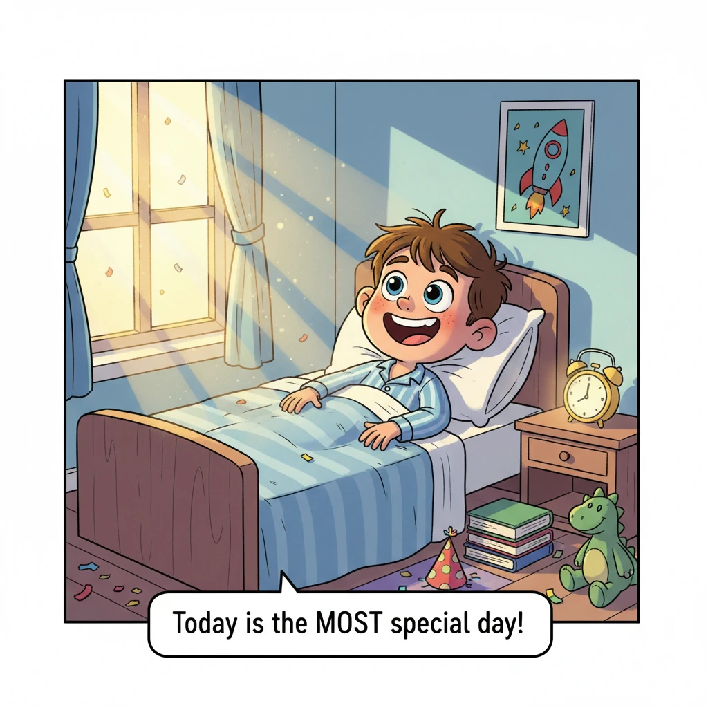 Leo's eyes flutter open, a huge, happy grin already stretching across his face. Sunlight streams through his window, painting his room in cheerful golden hues. Today is the most special day of the year, and he can feel the excitement bubbling inside him.