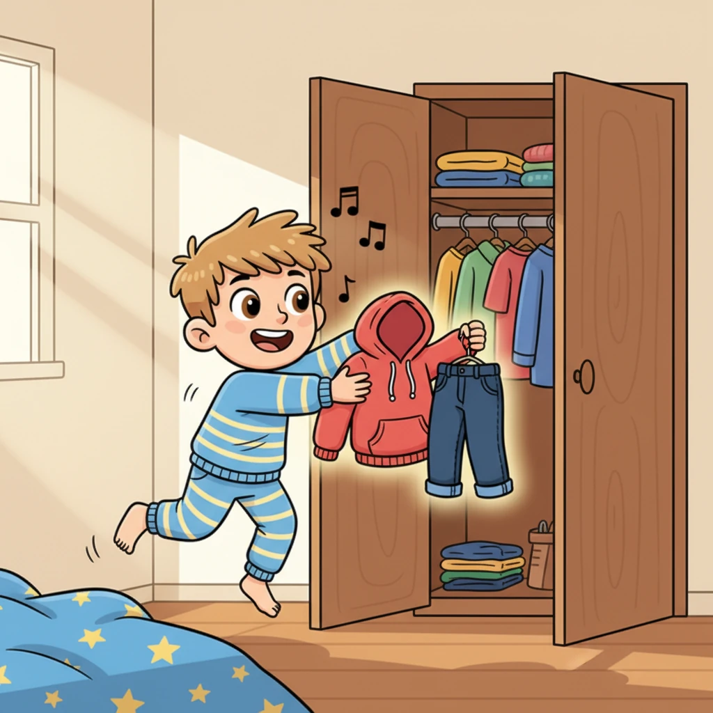Bounding out of bed, Leo heads straight for his closet. He carefully picks out his absolute favorite outfit – a comfy, stylish hoodie and his coolest jeans. He wants to look perfect for the celebration ahead, humming a happy tune as he gets dressed.