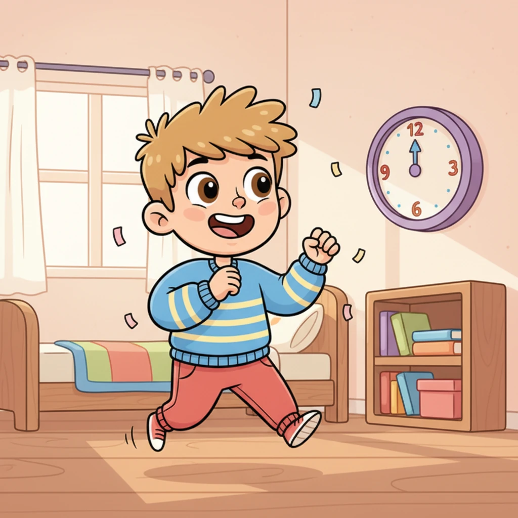 Dressed and ready, Leo paces his room with joyful anticipation. He glances at the clock every few minutes, a playful bounce in his step. The quiet house hums with the promise of laughter and good times just around the corner.