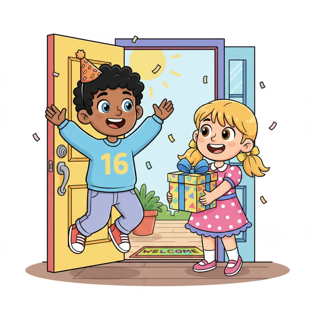 Ding-dong! The doorbell rings, making Leo jump with delight. He rushes to the door to find his best friend, Maya, standing there with a brightly wrapped gift and a huge smile. Her arrival officially kicks off the party!