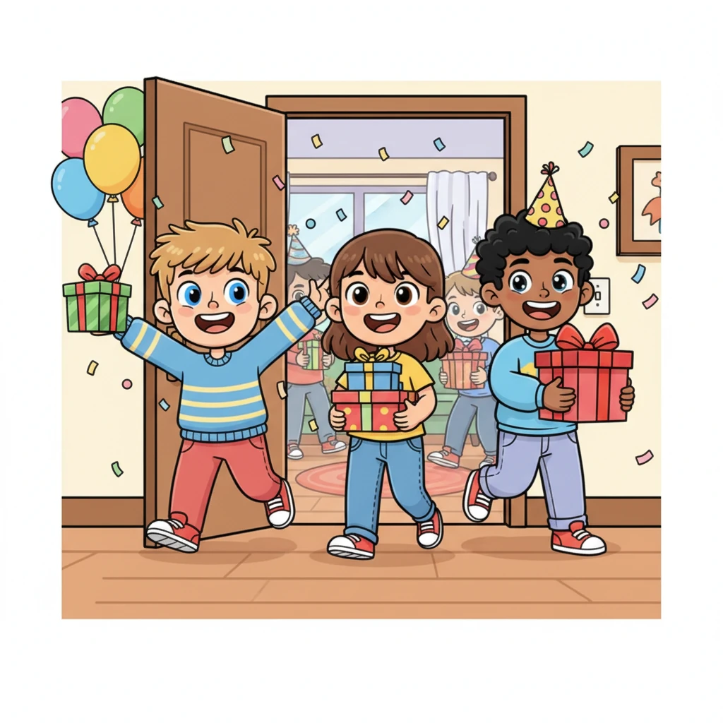 Soon, more friends begin to arrive, filling the house with cheerful chatter and happy greetings. Liam, Chloe, and Noah burst through the door, each carrying colorful presents and ready for fun. The living room quickly transforms into a lively hub of excitement.