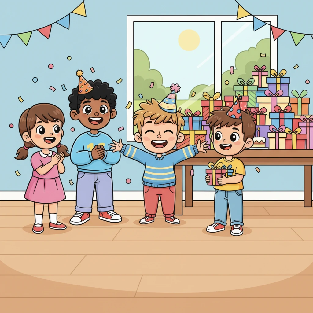 The room is now buzzing with energy as Leo and his friends chat, laugh, and share funny stories. Piles of beautifully wrapped gifts gather on a nearby table, adding to the festive atmosphere. Everyone is enjoying the vibrant start to Leo's special day.