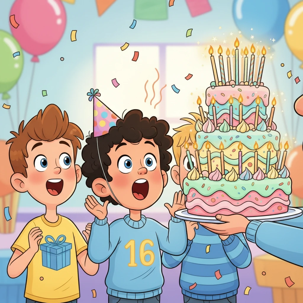 Just when the fun is at its peak, a magnificent birthday cake is brought out. It's brightly decorated with colorful frosting and sparkling candles, making everyone gasp with delight. The sweet aroma fills the air, promising a delicious treat.