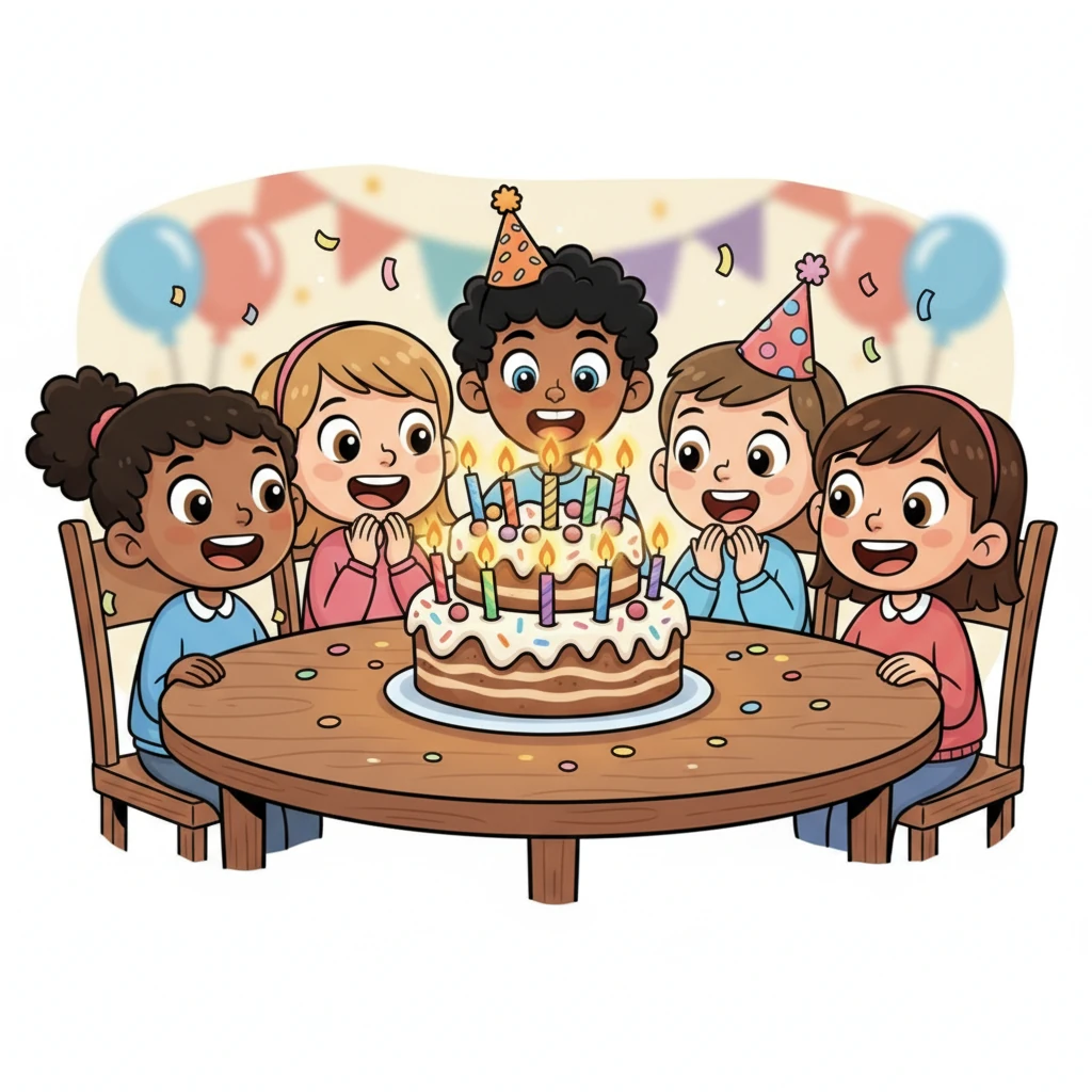 All the friends quickly gather around the table, their eyes wide with wonder at the beautiful cake. The candles flicker with warm, inviting flames, casting a soft glow on everyone's happy faces. Anticipation for the next moment hangs in the air.