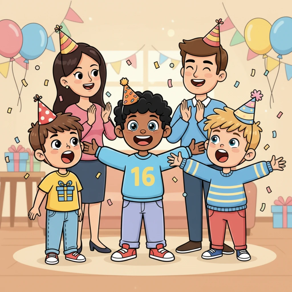 Together, everyone bursts into a joyful rendition of the "Happy Birthday" song. Their voices fill the room with warmth and cheer, creating a memorable chorus just for Leo. He stands beaming, surrounded by the people who mean the most to him.