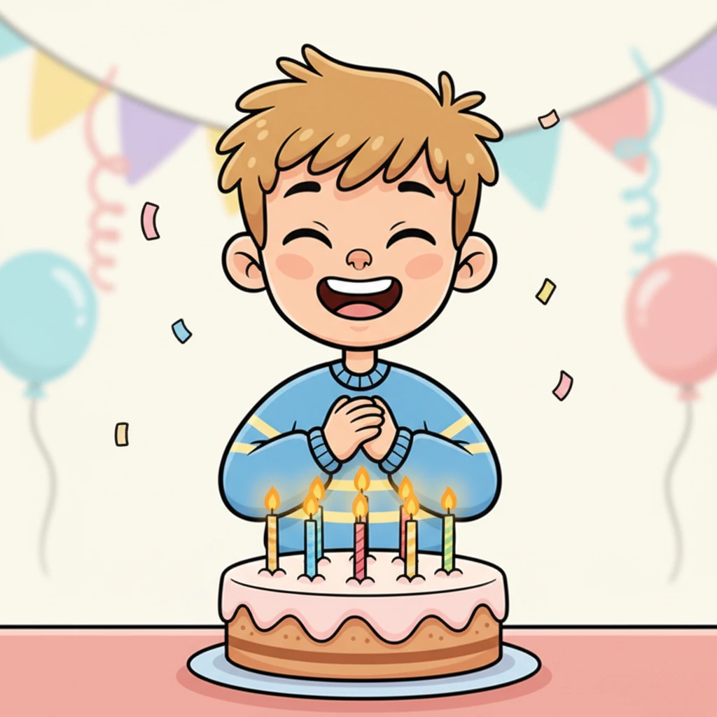 As the song ends, Leo closes his eyes tight, a hopeful smile playing on his lips. He takes a deep breath, ready to make his special birthday wish. The flickering candles await his decision, promising magic in the air.