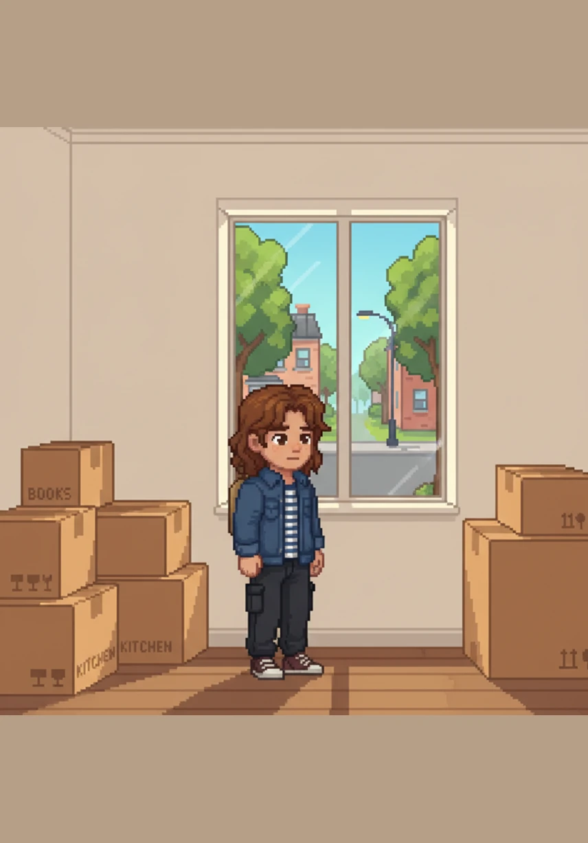 Leo stands in his new, modest apartment surrounded by cardboard boxes, looking out the window at the quiet, tree-lined neighborhood. He feels a sense of relief, hoping this peaceful building will be the perfect place to relax after his new job.