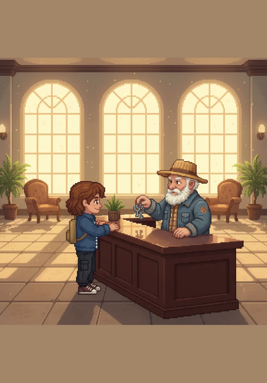 In the sunlit lobby, Carl the building manager hands Leo a silver set of keys while explaining that the building is exceptionally quiet. He emphasizes that the residents are mostly older people who keep to themselves and never cause any trouble.