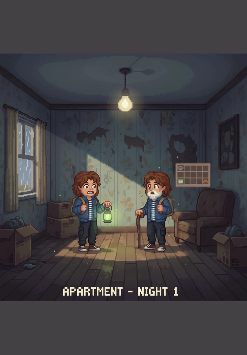 The mysterious neighbor, dressed in a dark hoodie, clutches a heavy black duffel bag and glances nervously over his shoulder. He moves with a frantic, careful energy toward the stairwell, disappearing into the shadows of the building.