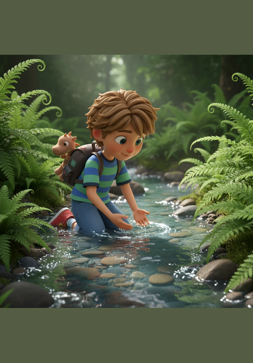 Léo s'approcha d'un petit ruisseau aux eaux cristallines qui serpentait entre les fougères géantes. Il plongea ses mains dans l'eau fraîche et toucha les galets polis, s'émerveillant de la sensation de pureté qui parcourait tout son corps.