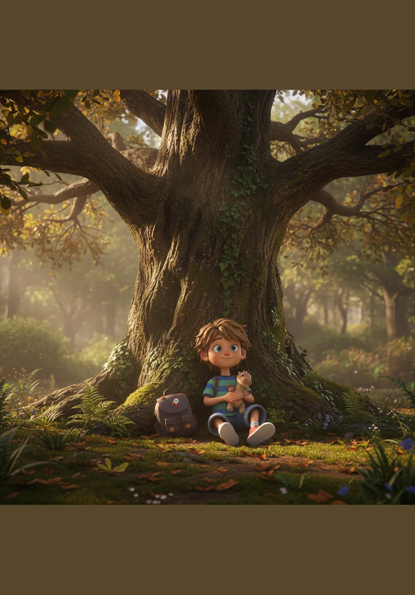 Il s'assit au pied d'un chêne centenaire, dont les racines puissantes semblaient raconter des histoires anciennes. À travers le feuillage dense, les rayons du soleil dansaient comme de la poussière d'or, réchauffant doucement sa peau.