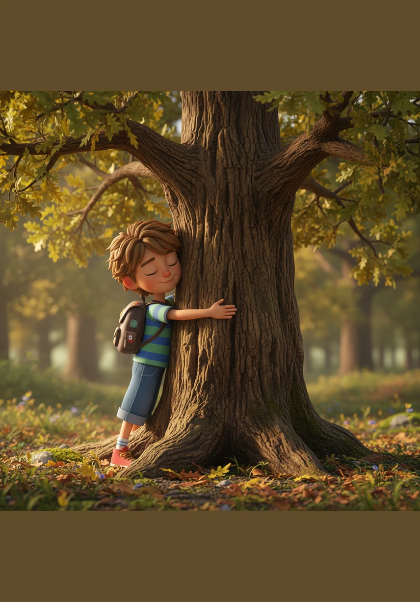 Avant de repartir, Léo entoura le tronc rugueux du grand chêne de ses bras pour lui murmurer un merci sincère. Il se sentait maintenant fort, léger et prêt à partager cette joie avec le monde entier.