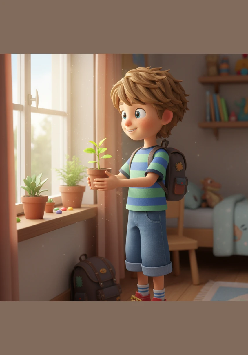 De retour chez lui, Léo rapporta une petite pousse à soigner sur le rebord de sa fenêtre. Il gardait désormais en lui le secret précieux de la forêt : la nature est un trésor vivant qui nous guérit et nous aide à grandir.