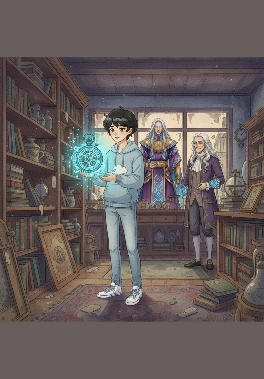 Данияр ескі антиквар дүкенінің шаң басқан сөрелерінен ерекше алтын түсті сағатты тауып алды. Оның бетіндегі түсініксіз таңбалар мен тісті дөңгелектер жұмбақ неон сәулесімен жарқырай бастады.