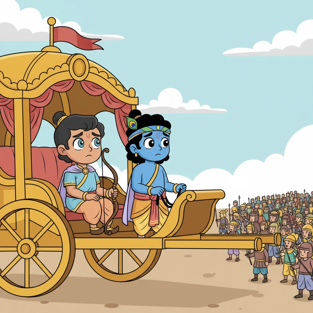 Arjuna sits in his magnificent chariot, his brow furrowed with worry. The vast battlefield stretches out before him, filled with countless warriors. He feels a heavy sadness in his heart, unsure of what to do.