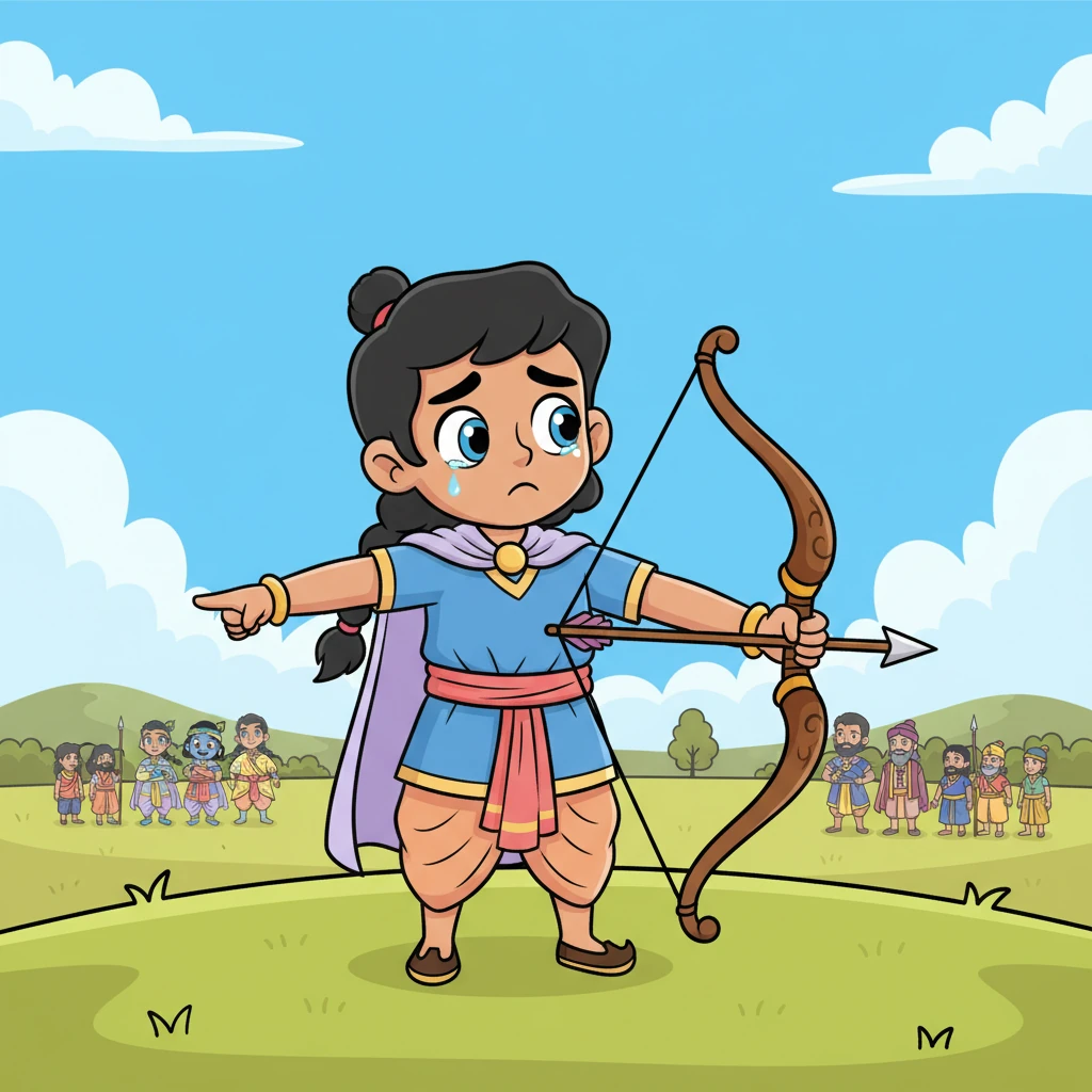 He points across the field, seeing his beloved cousins and teachers among the opposing army. A tear rolls down his cheek, thinking of fighting those he loves. His hands tremble on his mighty bow.