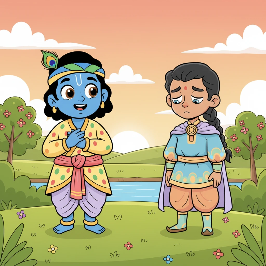 Beside him, Krishna, with a gentle smile and a peacock feather in his crown, turns to him. "My dear Arjuna," he asks softly, "why does your brave heart feel so troubled today?"