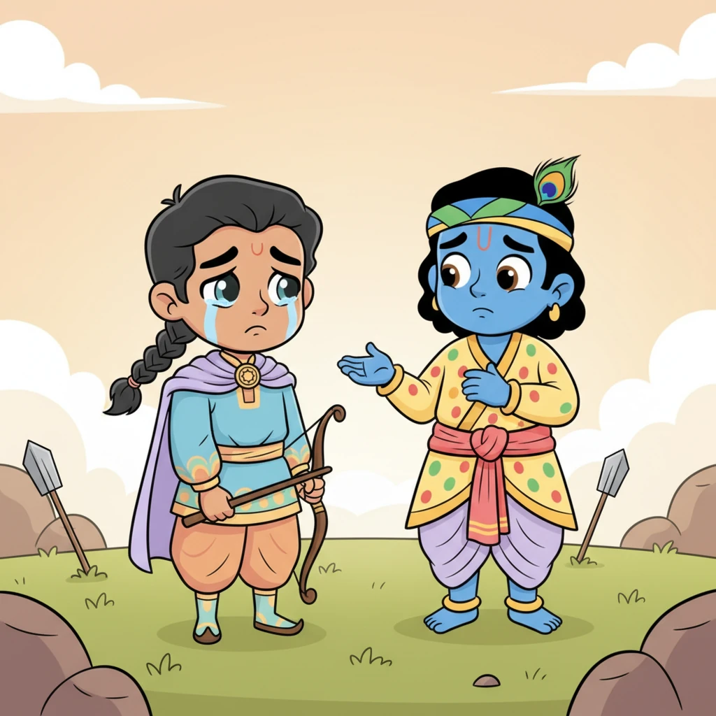 Arjuna looks at Krishna, his eyes filled with despair. "How can I fight against my own family and friends, O Krishna?" he laments. "I do not wish to win a kingdom at such a terrible cost."
