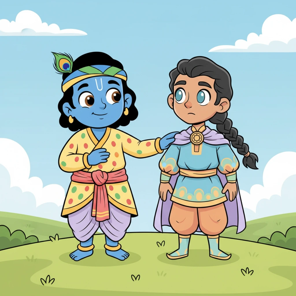 Krishna places a comforting hand on Arjuna's shoulder. He begins to speak in a calm, soothing voice, explaining the importance of duty. He tells Arjuna that some things are bigger than personal feelings.