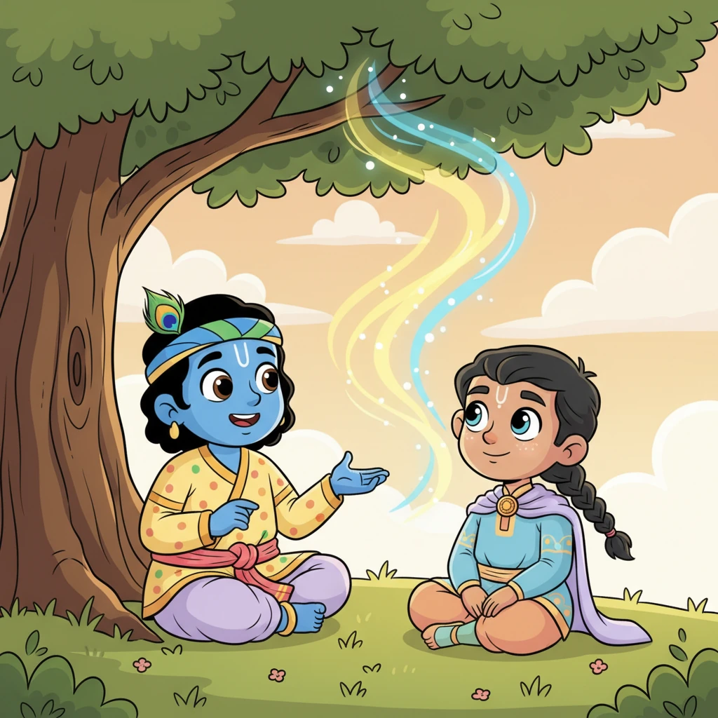 "The spirit within us is eternal, Arjuna, it never truly perishes," Krishna explains with a wise gaze. "Bodies may change, but the soul continues its journey." This thought brings a little light to Arjuna's face.