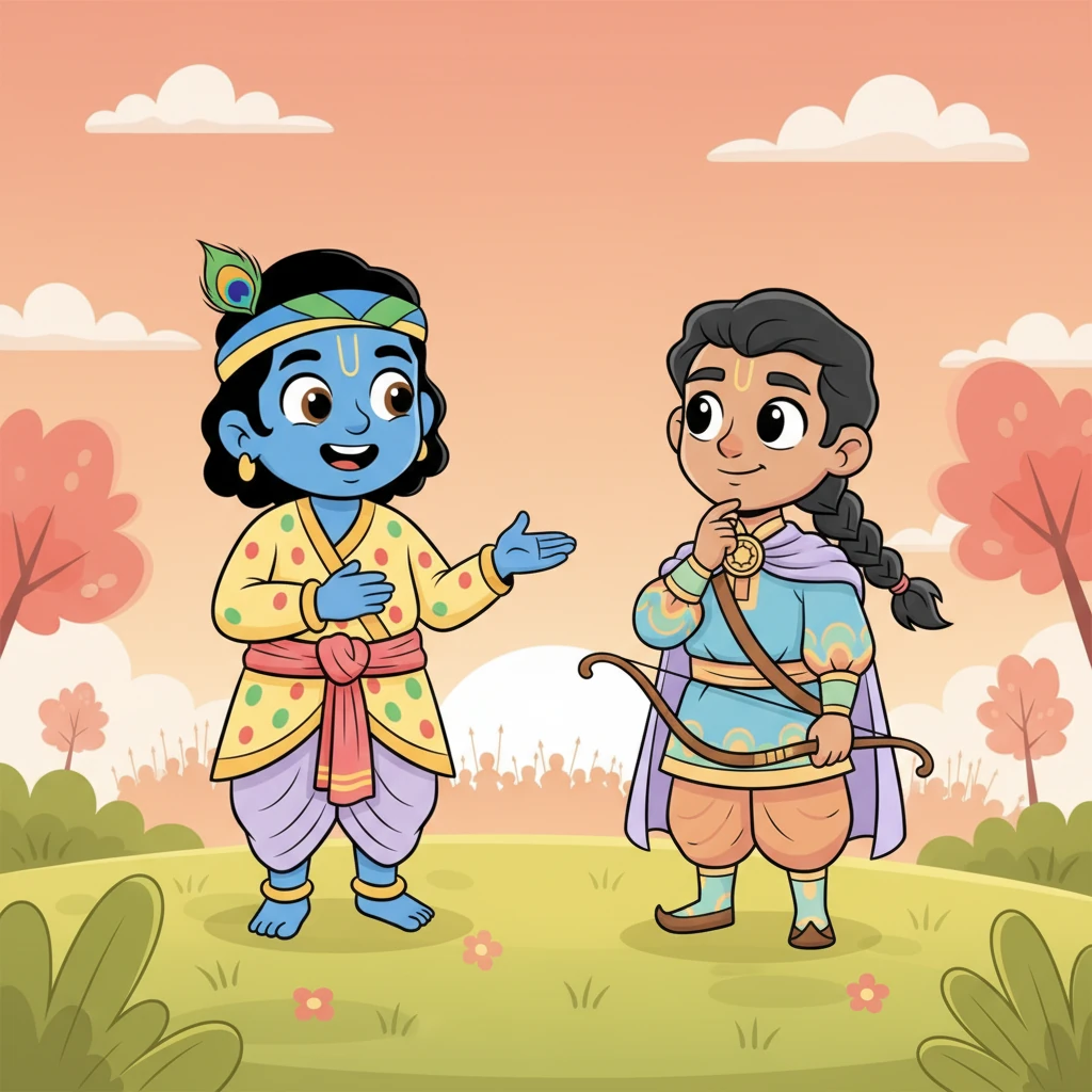 He encourages Arjuna to perform his duty as a warrior with a pure heart, without attachment to the outcome. "Do your best, act with kindness, and trust in the path of dharma," Krishna advises.