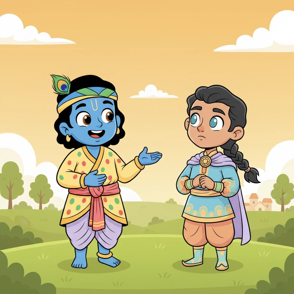 Krishna's smile broadens, radiating warmth and wisdom. "Always remember, Arjuna, doing what is right, even when it's hard, brings true peace," he assures him. "Your actions matter."