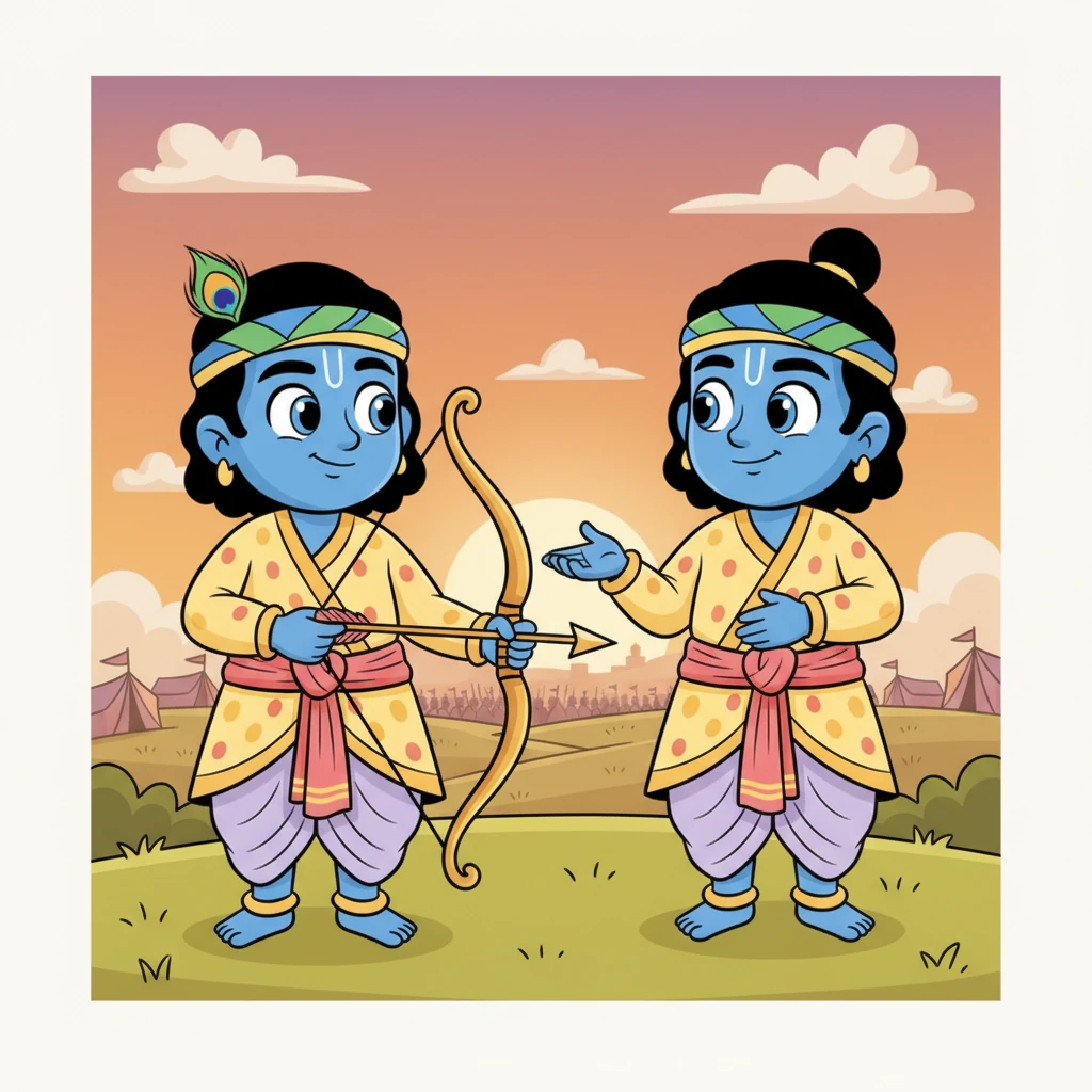 With a renewed sense of purpose, Arjuna grips his bow firmly, his face now calm and determined. He looks at Krishna, filled with gratitude and courage, ready to face his destiny.