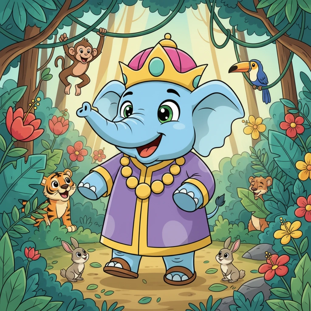 A grand, cheerful elephant named Gajendra lived in a lush, vibrant jungle. He was the biggest and kindest of all, known for his gentle spirit and booming laughter. The forest animals loved to see him stride through the trees, a beacon of joy in their home.