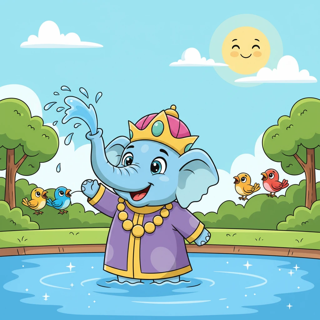 One sunny morning, Gajendra decided to cool off in a sparkling blue lake. He playfully splashed water with his trunk, sending droplets dancing high into the air. Birds chirped happily from nearby trees, enjoying the lively scene.