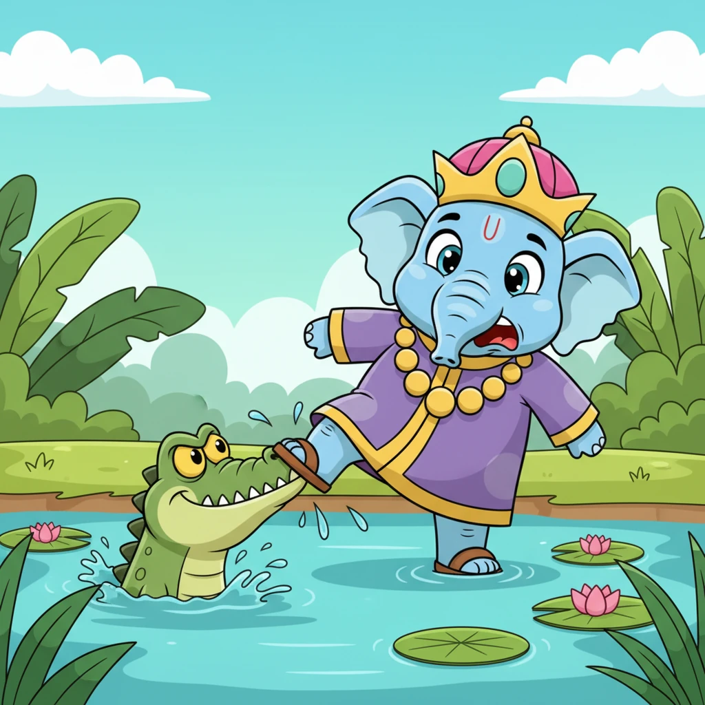 Suddenly, a shadowy form lunged from the depths of the lake! A grumpy, green crocodile, with beady eyes and a toothy grin, snapped onto Gajendra's foot. The playful morning turned into a moment of fright.