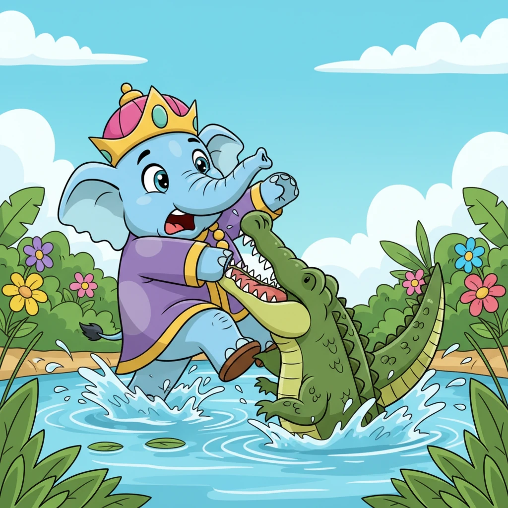 Gajendra bellowed in shock and pain, his mighty strength now challenged. He pulled and tugged with all his might, but the crocodile held on tight, its grip unyielding. The struggle churned the clear water into a frantic mess.