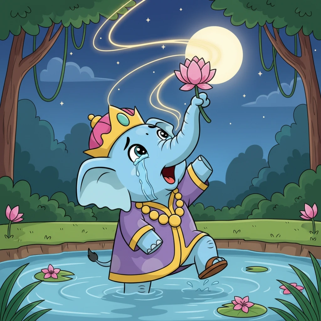 Exhausted and desperate, Gajendra knew he needed help beyond his own power. With tears in his eyes, he raised his trunk high, holding a lotus flower, and cried out with all his heart, "Aadimoola! Lord Vishnu, please help me!" His prayer was filled with pure devotion.