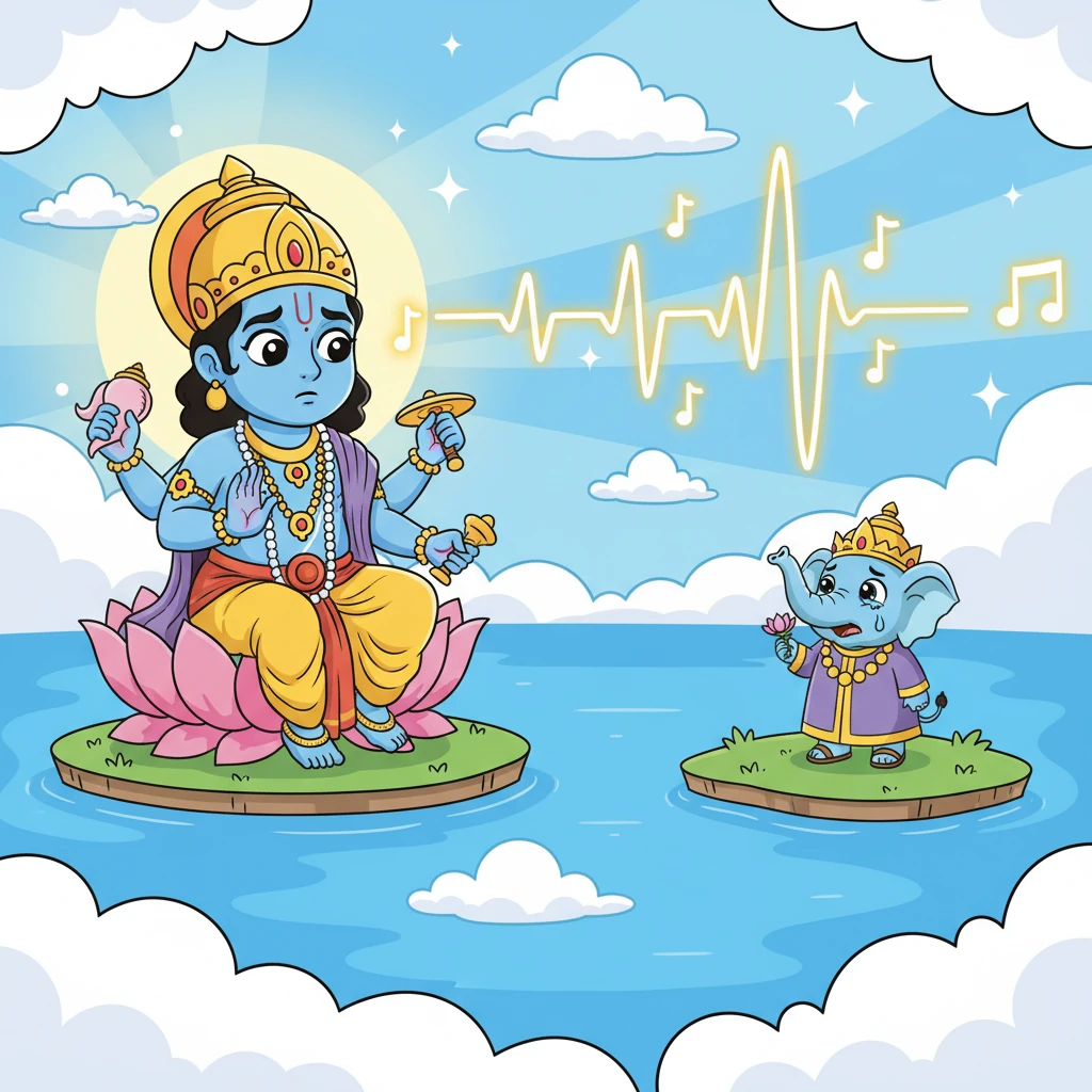Far away, in his celestial abode, Lord Vishnu heard Gajendra's heartfelt plea. His serene face showed immediate concern, recognizing the true devotion behind the desperate call. He knew he had to act swiftly to save his beloved devotee.