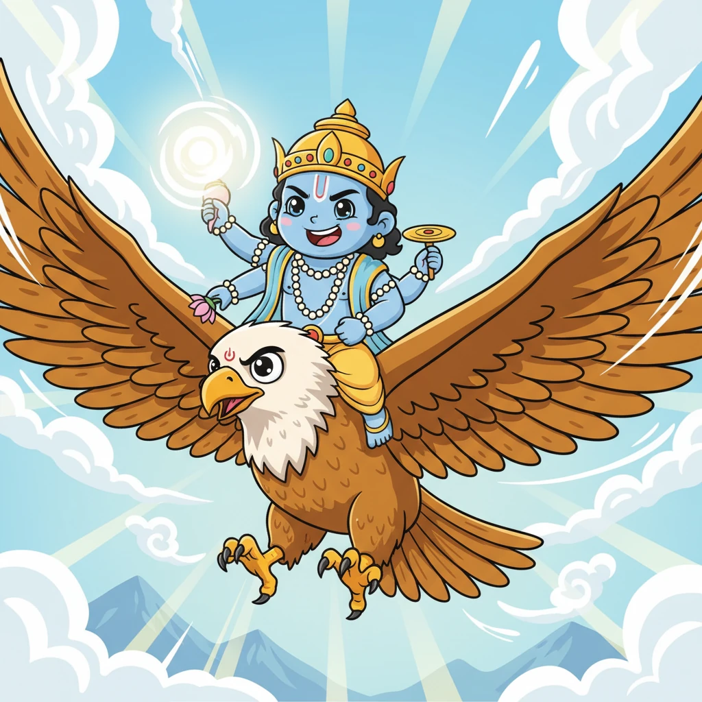 In a flash of brilliant light, Lord Vishnu mounted his magnificent eagle, Garuda, soaring through the skies. He held his luminous Sudarshana Chakra, ready to protect and rescue. Garuda's powerful wings beat like thunder, carrying them at incredible speed.