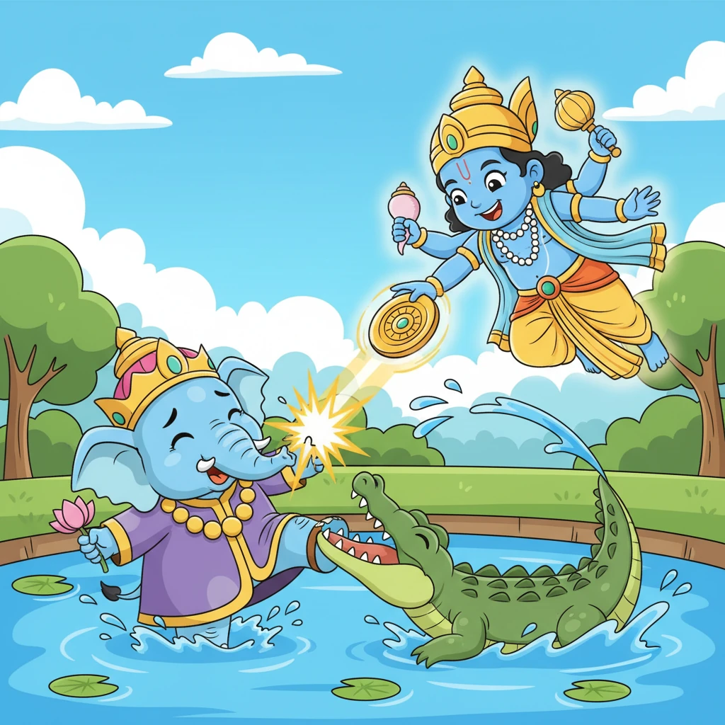 With a powerful swoop, Lord Vishnu descended upon the lake, his presence glowing with divine energy. He swiftly unleashed his Sudarshana Chakra, which spun with dazzling speed towards the crocodile. The mighty weapon severed the crocodile's grip, freeing Gajendra from its grasp.