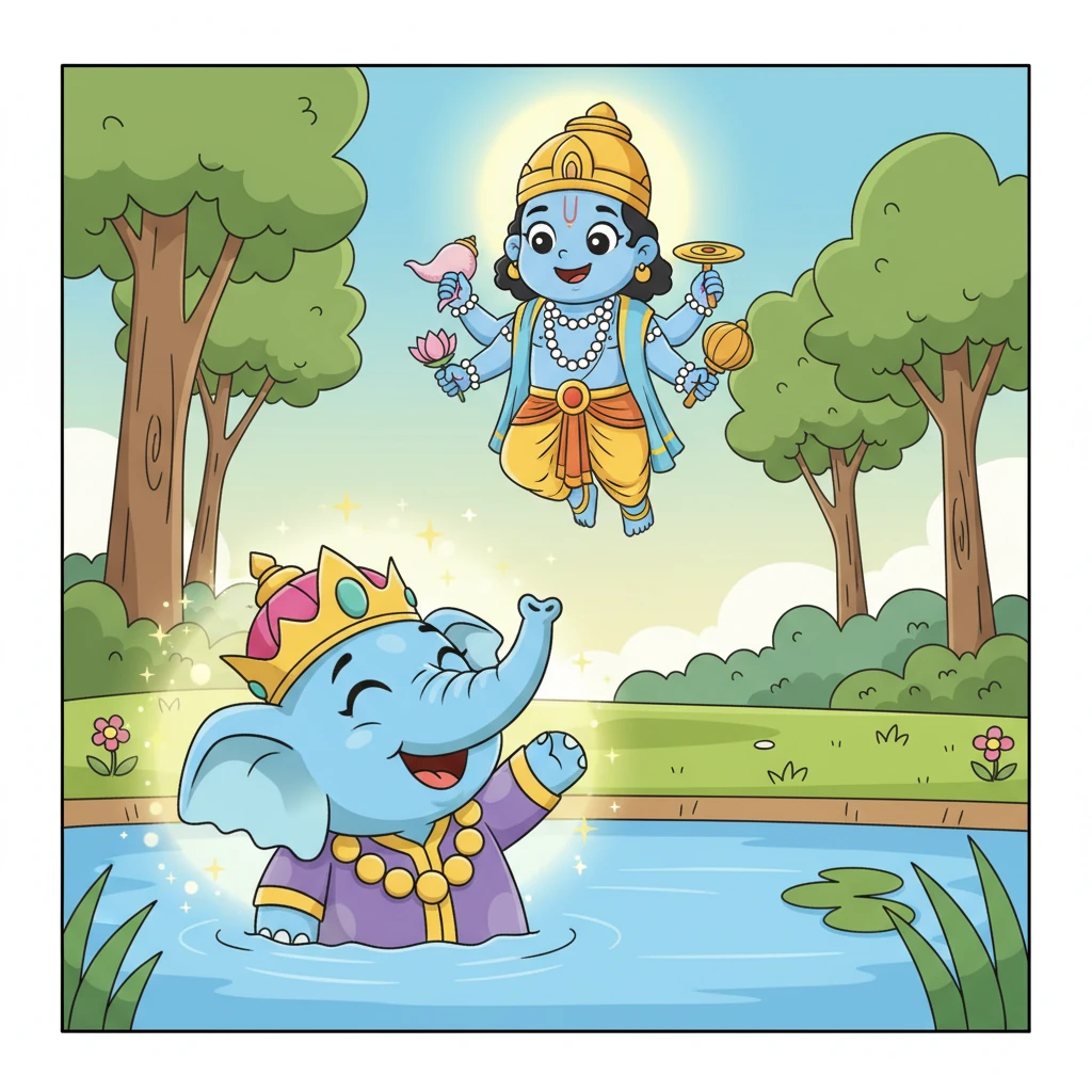 Free from pain and fear, Gajendra looked up at Lord Vishnu with immense gratitude. The Lord's kind smile washed away all his worries, blessing him with eternal peace and liberation. Gajendra's spirit shone brighter than ever before.