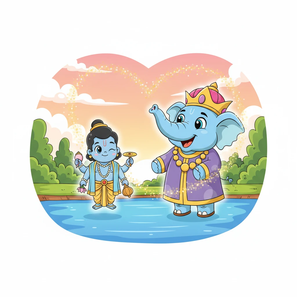 Gajendra, now transformed, stood tall and radiant, surrounded by the loving aura of Lord Vishnu. This heartwarming tale teaches us that even in our darkest moments, asking for help and praying with love can bring the most wonderful salvation. Always remember to trust and believe.