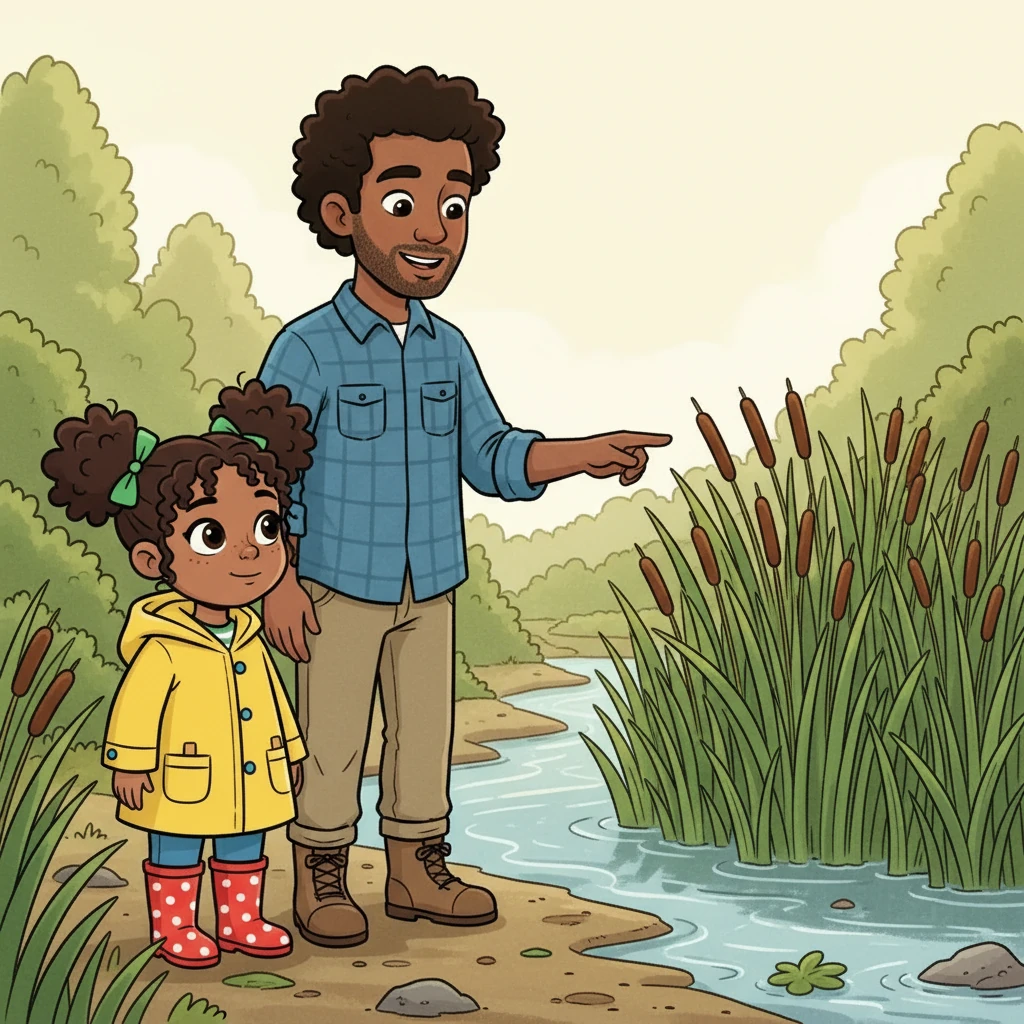 Papa pointed out a vibrant patch of cattails, explaining how they help filter the water. Natalie listened intently, her eyes wide with curiosity. She loved learning new things from Papa during their walks.