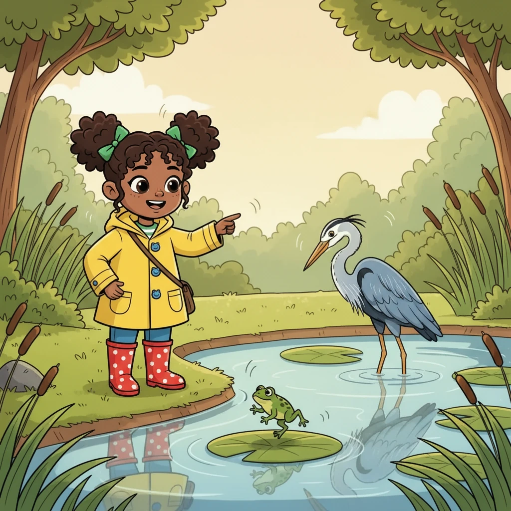 They watched a blue heron patiently fishing in the shallow water. Natalie giggled as a tiny frog leaped from a lily pad. The air was filled with the sounds of nature.