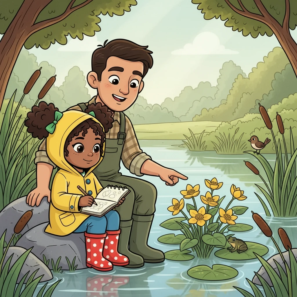 Papa showed Natalie different types of plants, like the delicate marsh marigolds. He explained how each plant provided food and shelter for the wetland animals. Natalie carefully sketched the plants in her notebook.