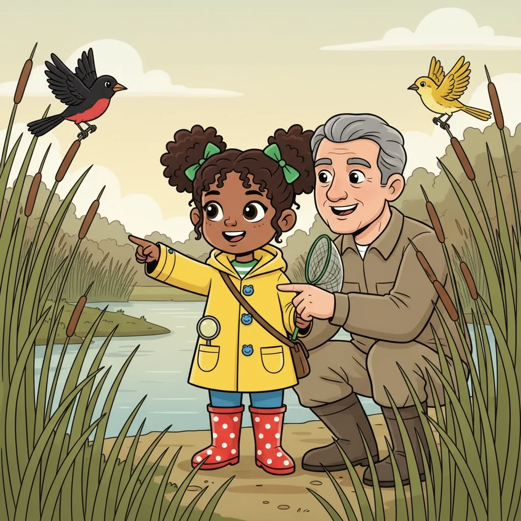 Later, they observed several birds flitting amongst the reeds. Natalie identified a red-winged blackbird and a yellow warbler with Papa's help. She felt a deep sense of wonder.