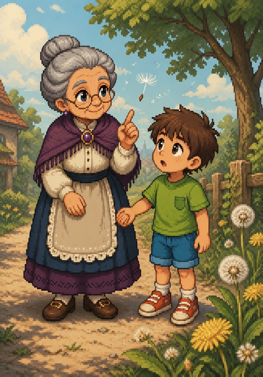 One quiet afternoon, his grandmother took him by the hand and stopped on their walk, inviting him to observe a dandelion seed caught in a gentle breeze. 'The world is full of tiny wonders, Leo,' she said softly, 'if you only take the time to notice.' Leo felt a spark of curiosity, pausing his usual rush to really look at the small seed's delicate structure.