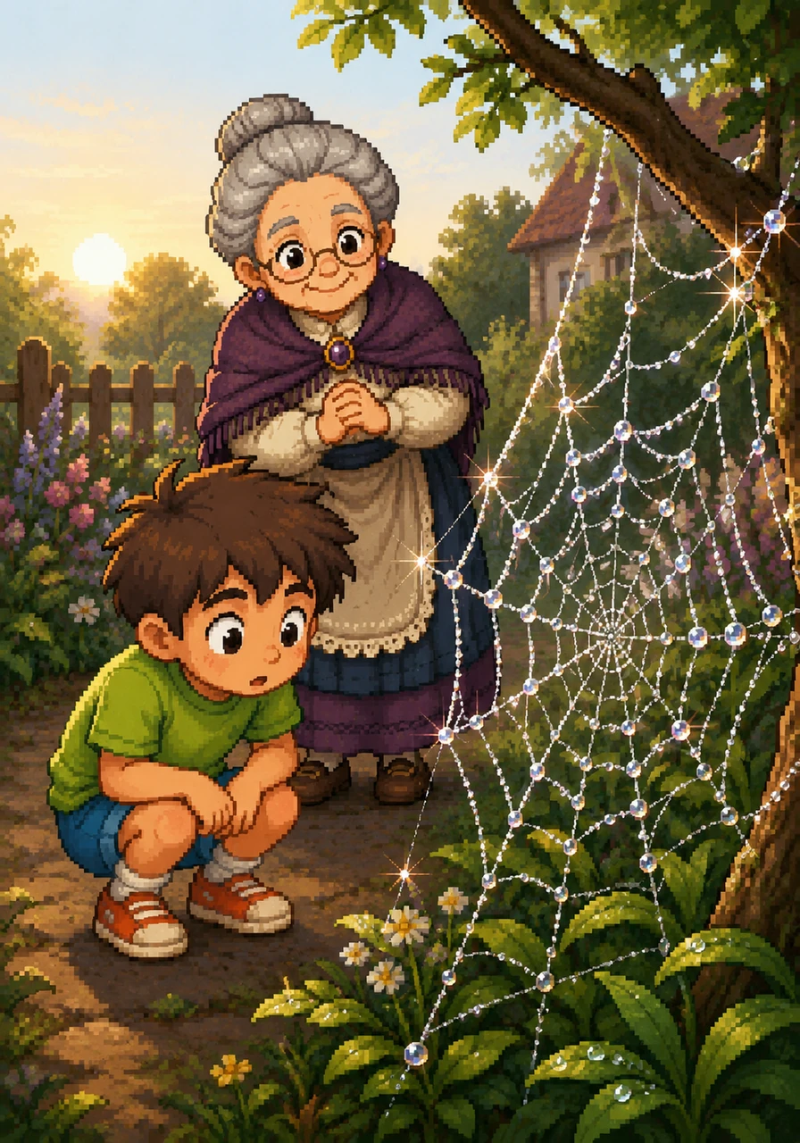 The next morning, Leo found a shimmering spiderweb in the garden, perfectly intact and heavy with early morning dew. Each droplet looked like a tiny, sparkling diamond catching the first light, creating a delicate, intricate pattern. This web, previously invisible, now seemed like a masterpiece of natural engineering that captivated his attention.
